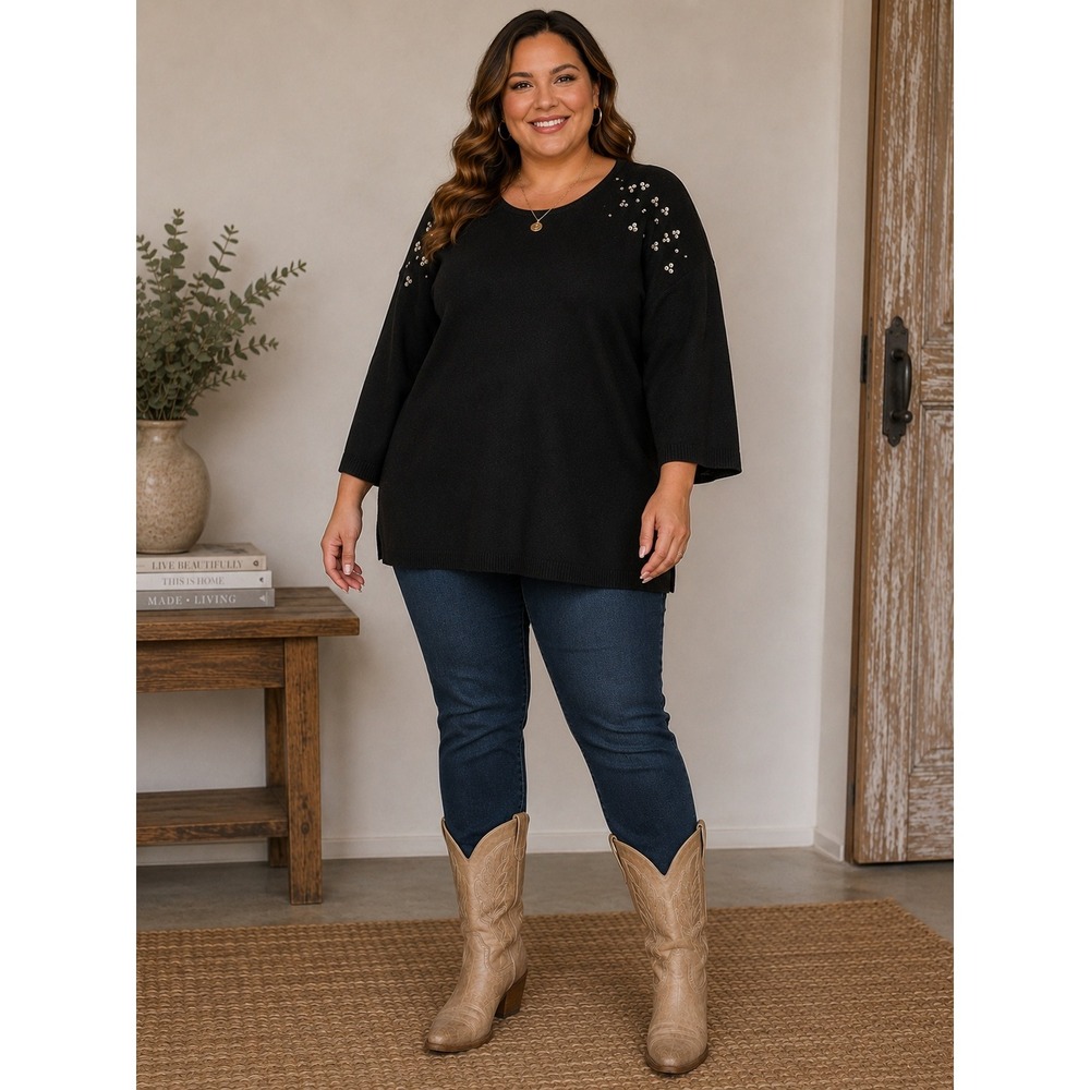 Susan Graver Black Rhinestone Embellished‎ Knit Sweater 3/4 Sleeve Plus 5X New